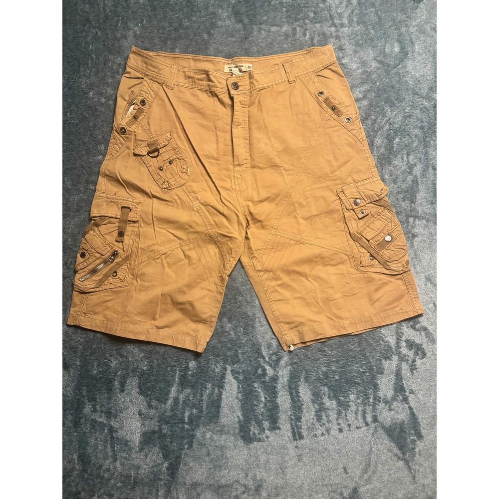 GS115 Mens 40 Tan Khaki Multi Pocket Tactical Cargo Shorts Distressed Paint